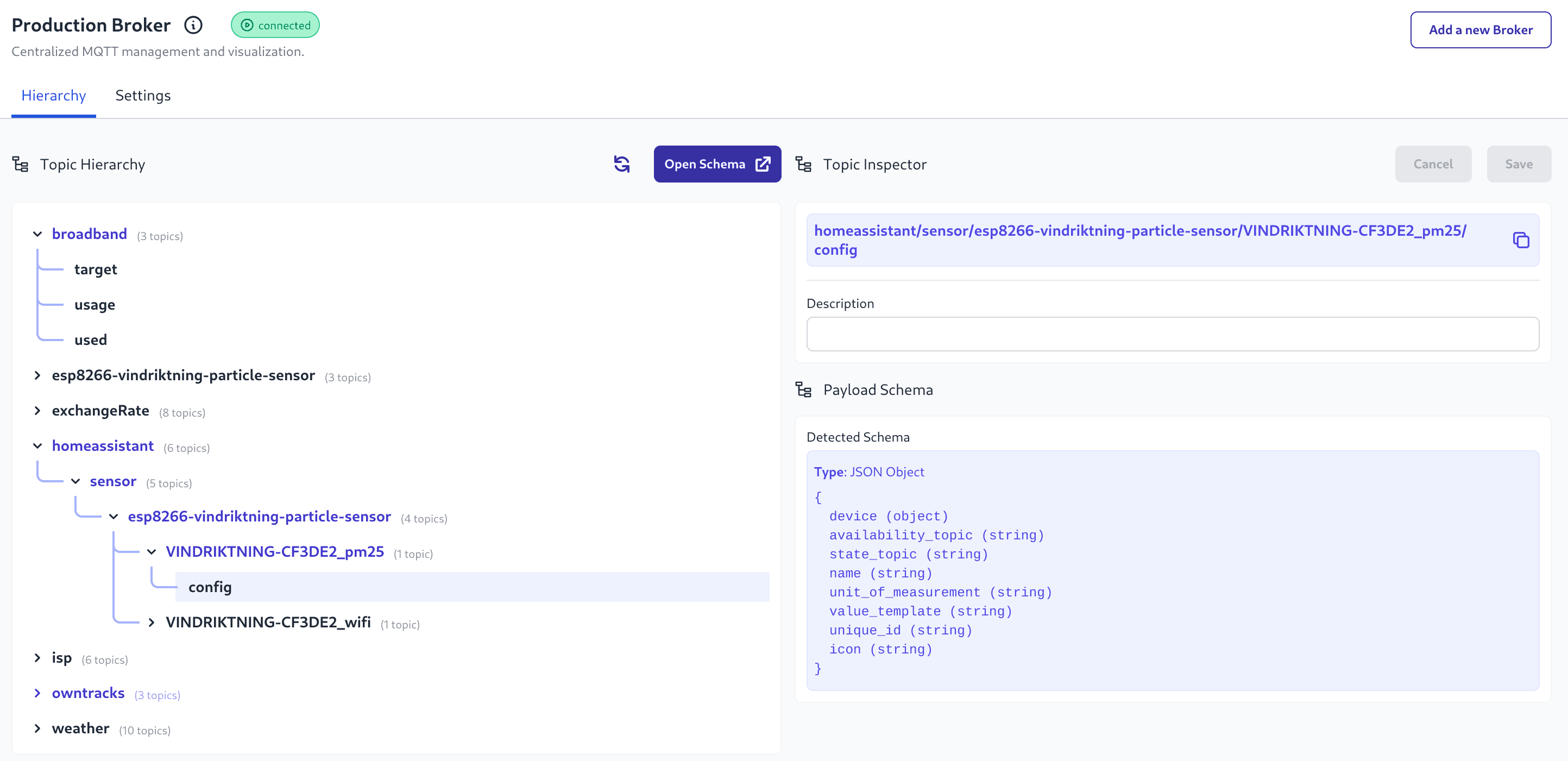 Screenshot of topic and inferred payload schema